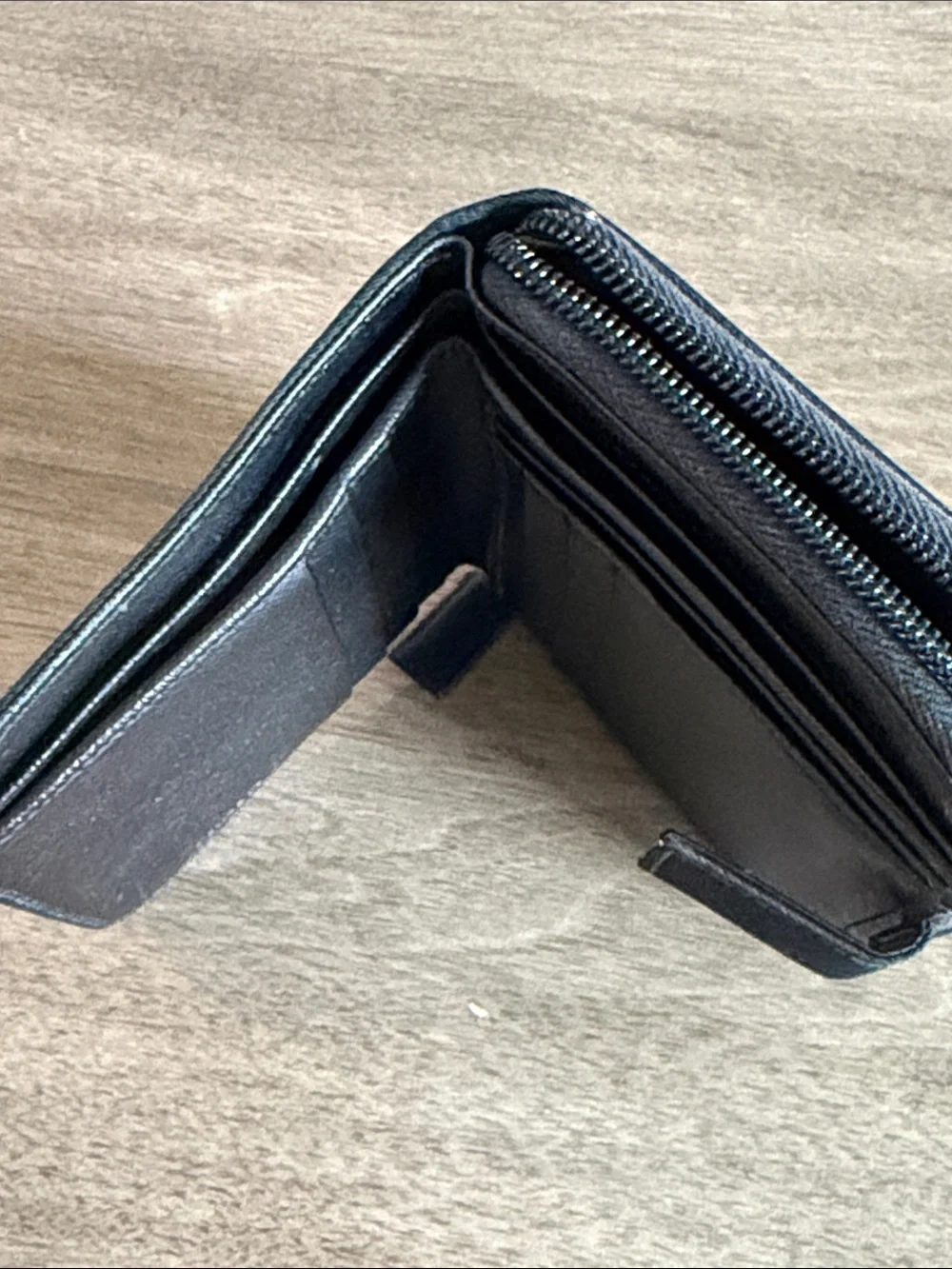 Prada Bifold  Black Zip-Around Card Wallet with Silver Triangle Emblem